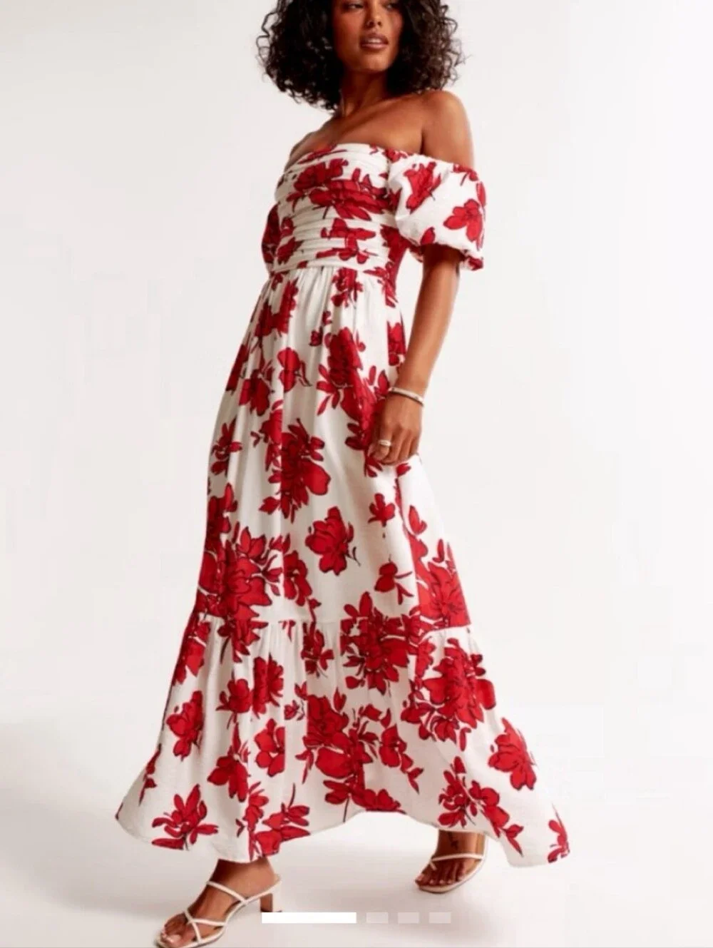 Abercrombie & Fitch Emerson Off Shoulder Maxi  Dress In Red and White Botanical